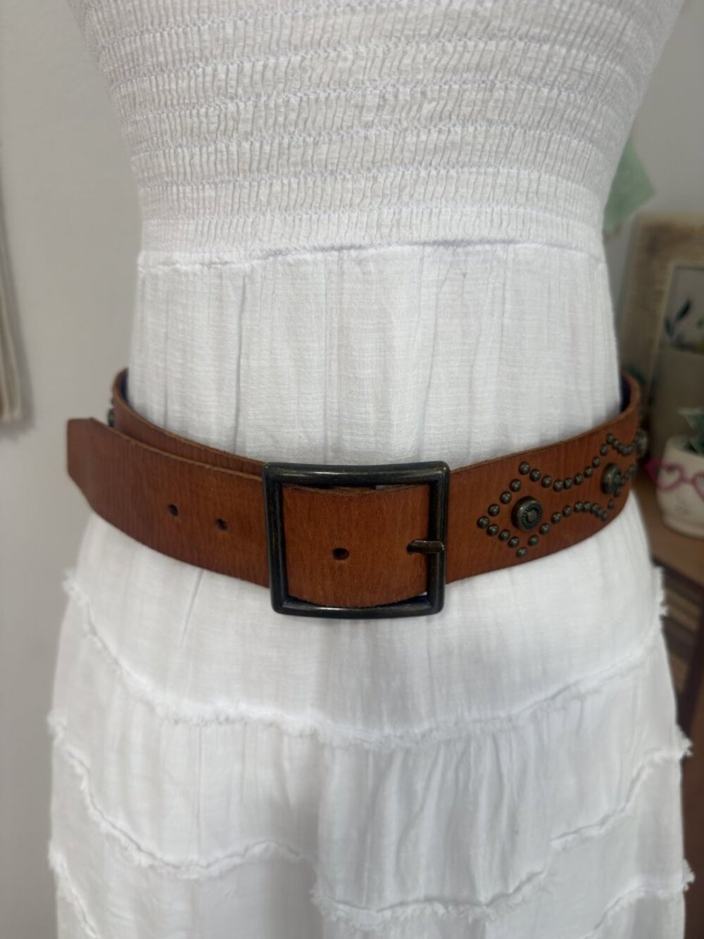 Wide Cognac Genuine Leather Studded Belt Square Antique Brass Buckle Boho M